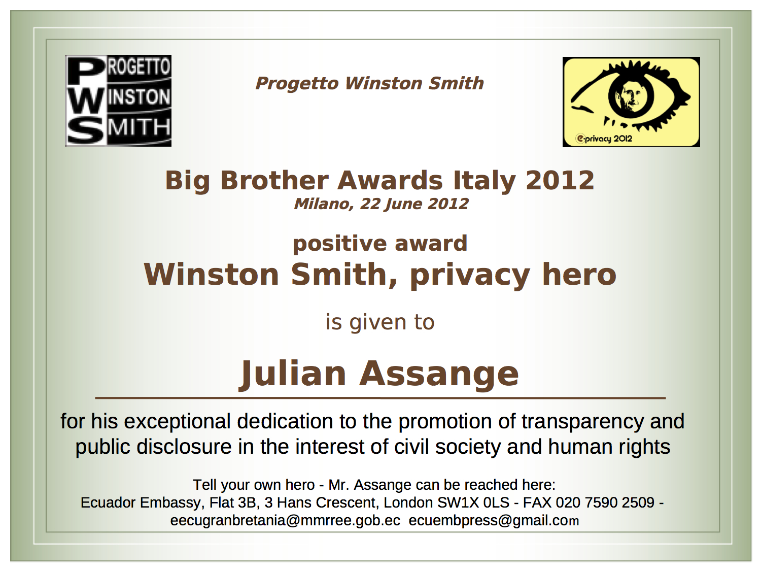Big Brother Award Hero of Privacy 2012