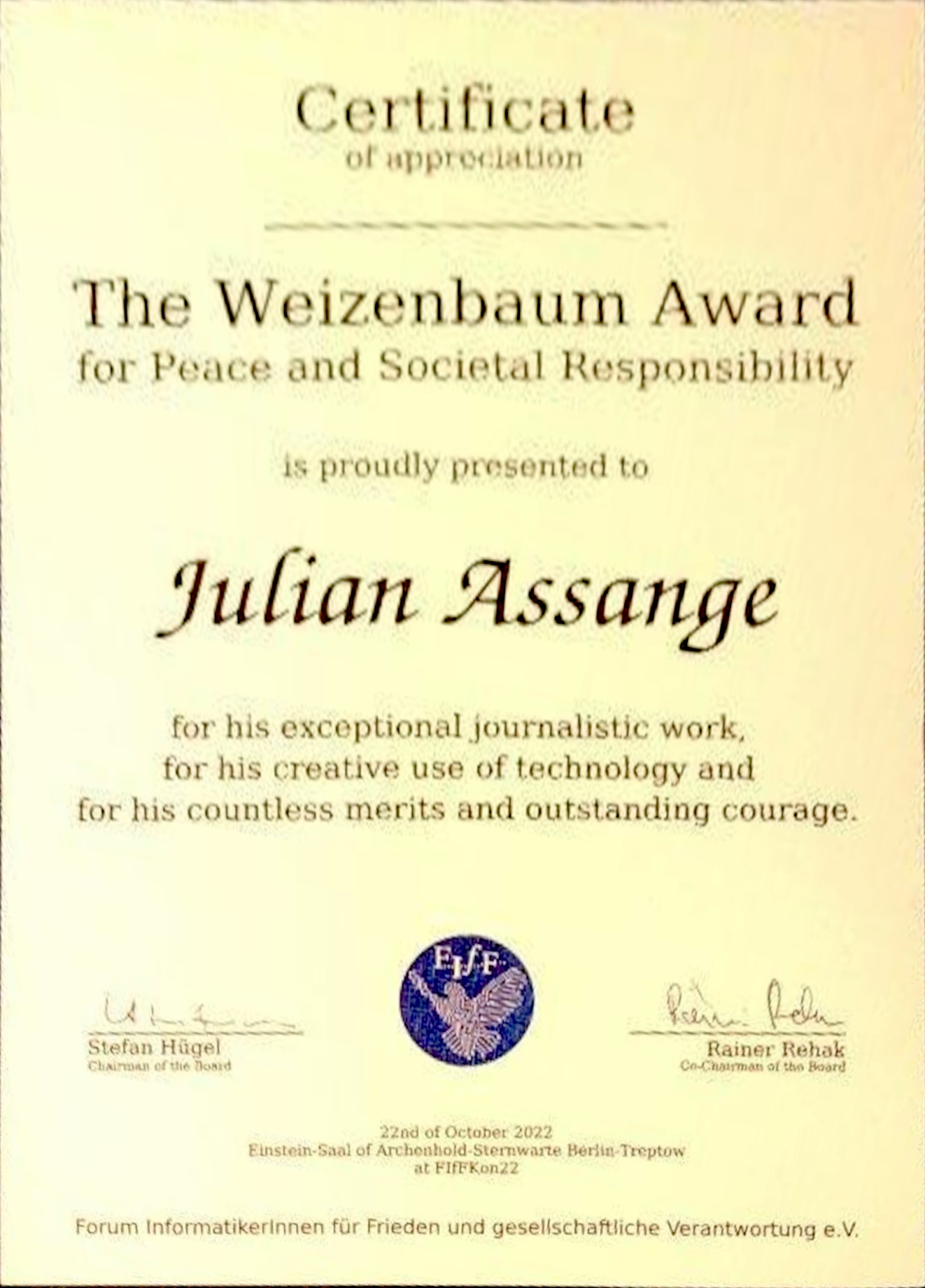 Weizenbaum Prize for Peace and Social Responsibility 2022
